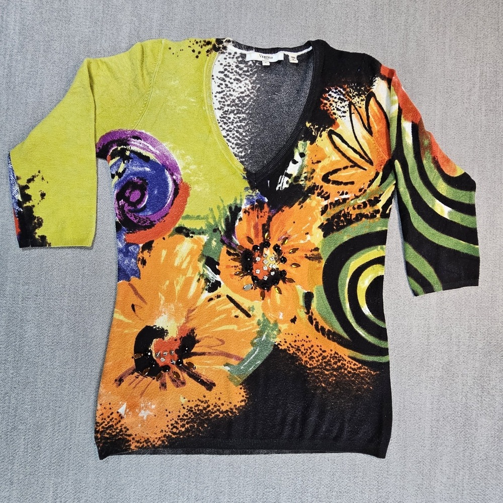 Vertigo Paris Women's Abstract Design Blouse Multicolor Short Sleeve Sz Small